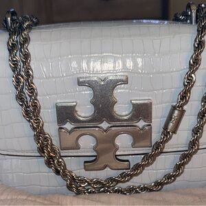 Tory Burch Silver Logo Blue Croc Crossbody Bag